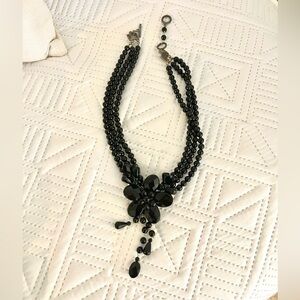 Natural black Onyx flower, triple strand necklace, sterling silver clasp